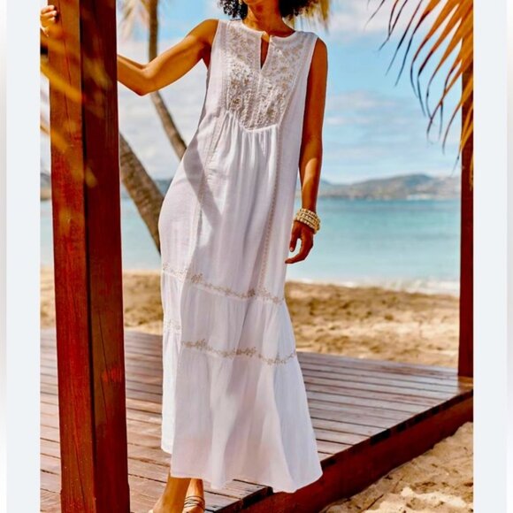 J. Jill Dresses & Skirts - J. Jill cotton gauze white barley embroidered beaded Boho maxi tiered dress XL